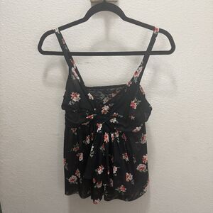 Express Women Floral Cami Top Sleeveless Blouse Black Red Twist Front Size M